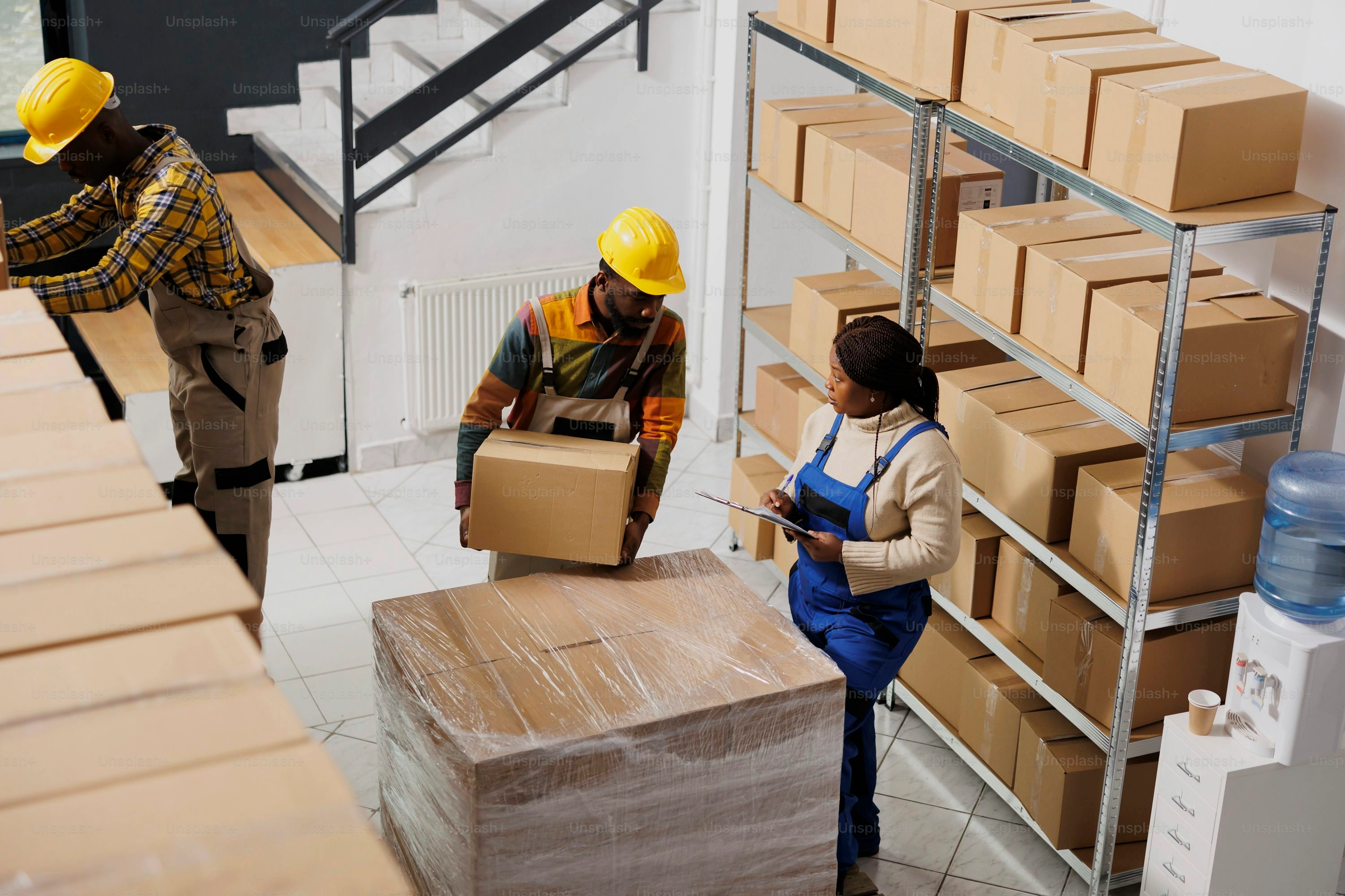 Warehouse workers packing cargo